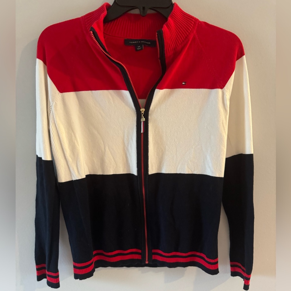 Tommy Hilfiger Red White Navy Colorblock Zip Sweater